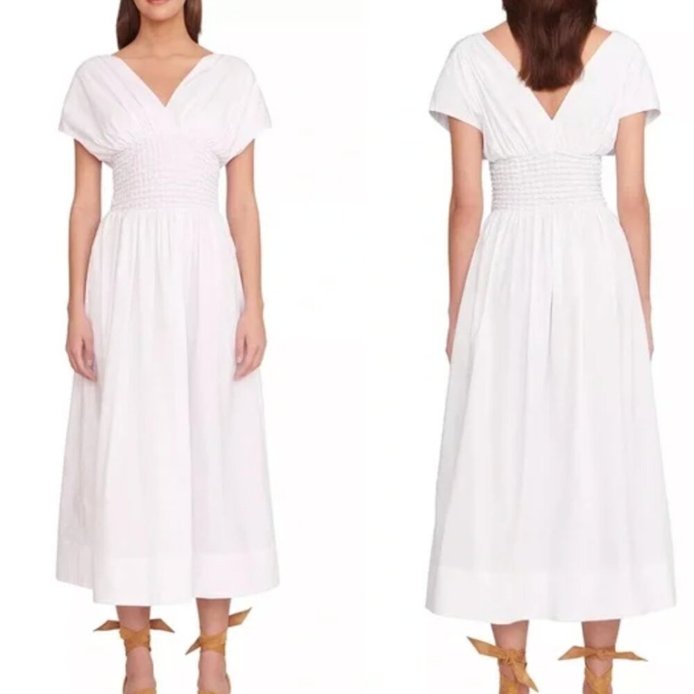 NWT Staud Size XS White Jackson Midi Dress V-neck Smocked Waist Cotton